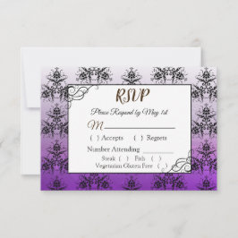 Tarjeta RSVP de matrimonio Damasco negro y púrpura