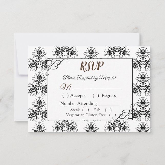 Tarjeta RSVP de matrimonio Damask en blanco y negr (Anverso)