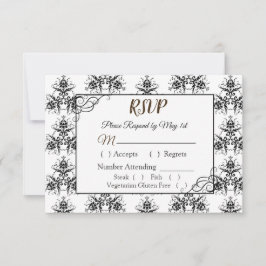 Tarjeta RSVP de matrimonio Damask en blanco y negr
