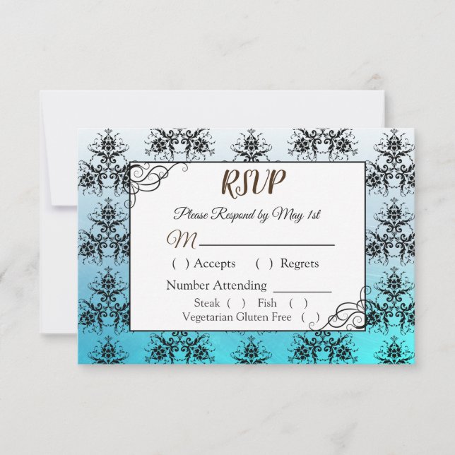 Tarjeta RSVP de matrimonio Damask negro y azul (Anverso)