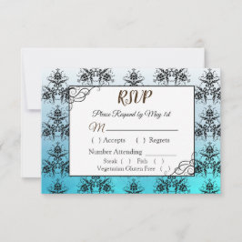 Tarjeta RSVP de matrimonio Damask negro y azul