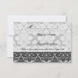 Tarjeta RSVP de matrimonio Damask negro y gris