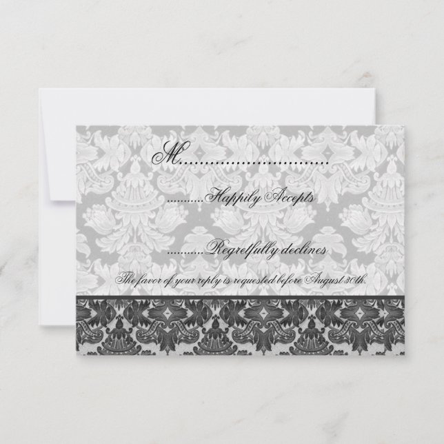 Tarjeta RSVP de matrimonio Damask negro y gris (Anverso)
