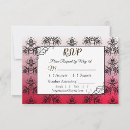 Tarjeta RSVP de matrimonio Damask negro y rojo