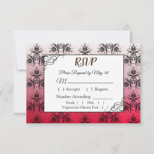 Tarjeta RSVP de matrimonio Damask negro y rojo