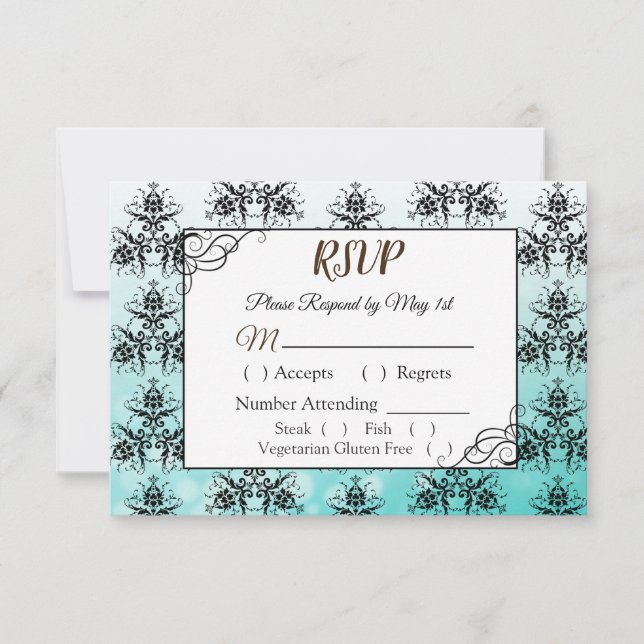 Tarjeta RSVP de matrimonio Damask negro y Verde az (Anverso)