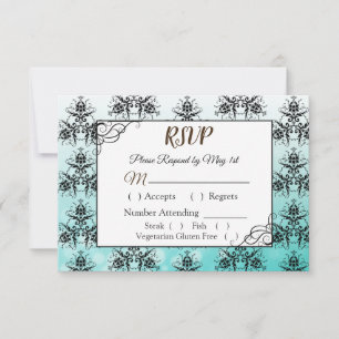 Tarjeta RSVP de matrimonio Damask negro y Verde az