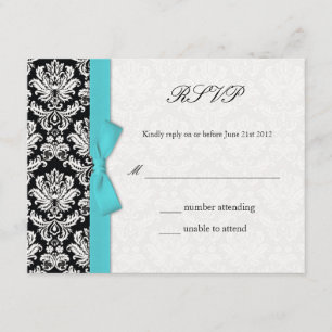 Tarjeta RSVP de matrimonio Damask Turquoise Bow