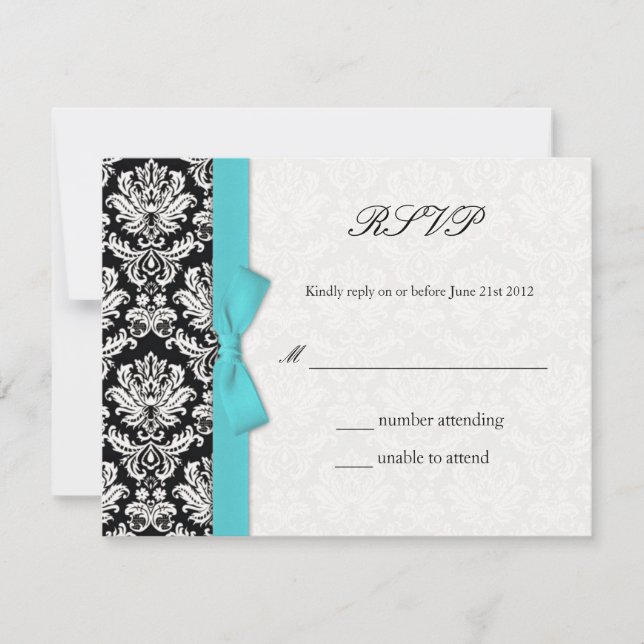 Tarjeta RSVP de matrimonio Damask Turquoise Bow (Anverso)