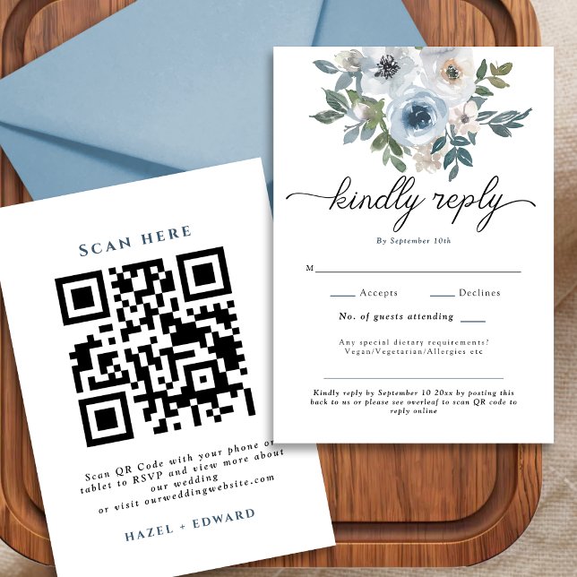 Tarjeta RSVP de matrimonio de código QR con flor a (Modern Dusty Blue Floral QR Code Wedding RSVP Card)
