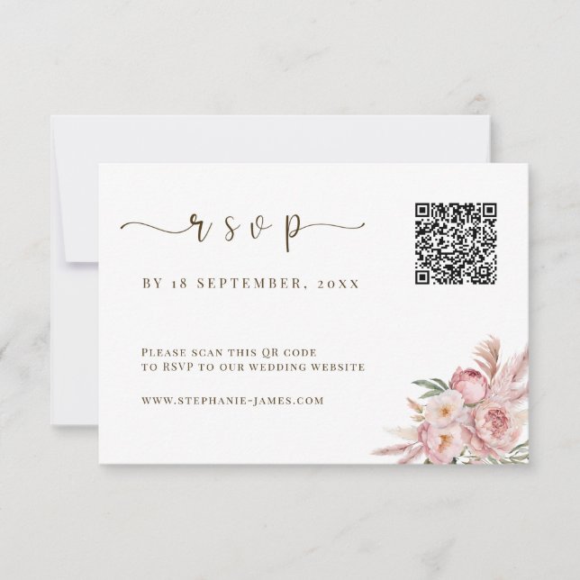Tarjeta RSVP de matrimonio de código QR con flores (Anverso)