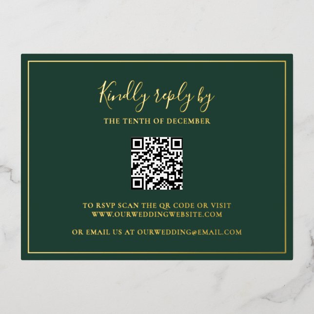 Tarjeta RSVP de matrimonio de código QR verde fore (Anverso)