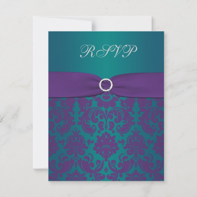 Tarjeta RSVP de matrimonio de Damasco púrpura y Ve (Anverso)