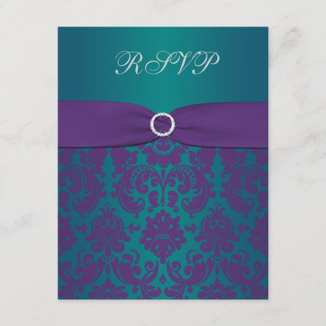 Tarjeta RSVP de matrimonio de Damasco púrpura y Ve (Anverso)