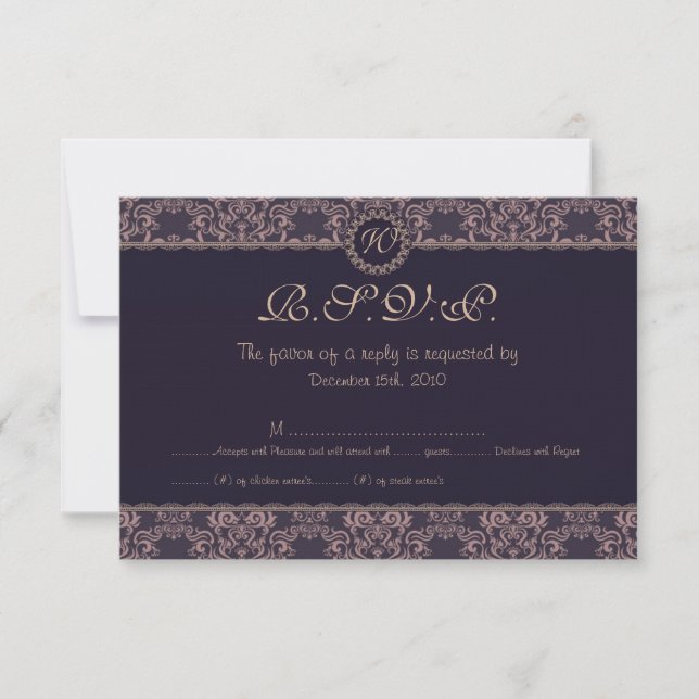 Tarjeta RSVP de matrimonio de encaje de Damasco pú (Anverso)