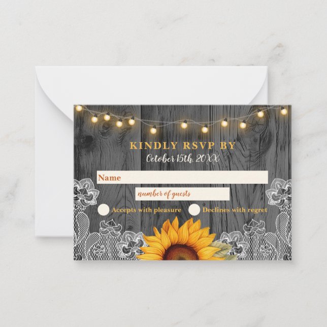 Tarjeta RSVP de matrimonio de encaje de girasol rú (Anverso)