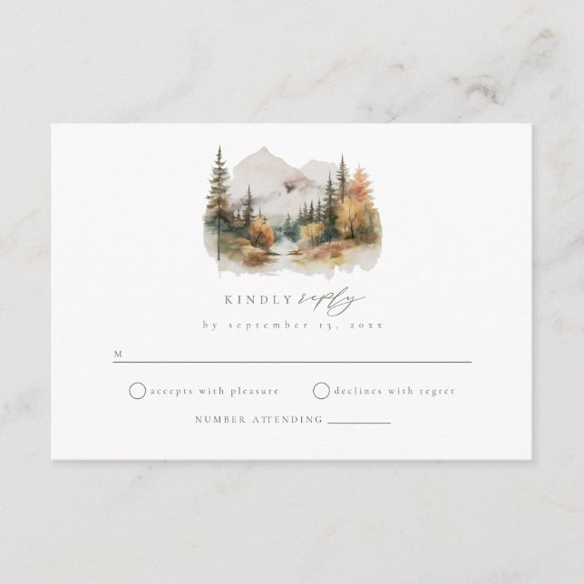 Tarjeta RSVP de matrimonio de montaña de acuarela  (Anverso)
