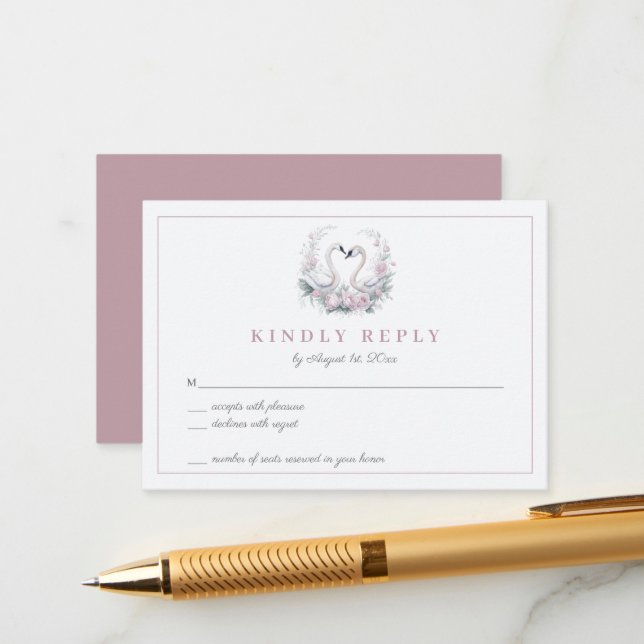 Tarjeta RSVP de matrimonio de pareja de cisnes rom (Anverso/Reverso In Situ)