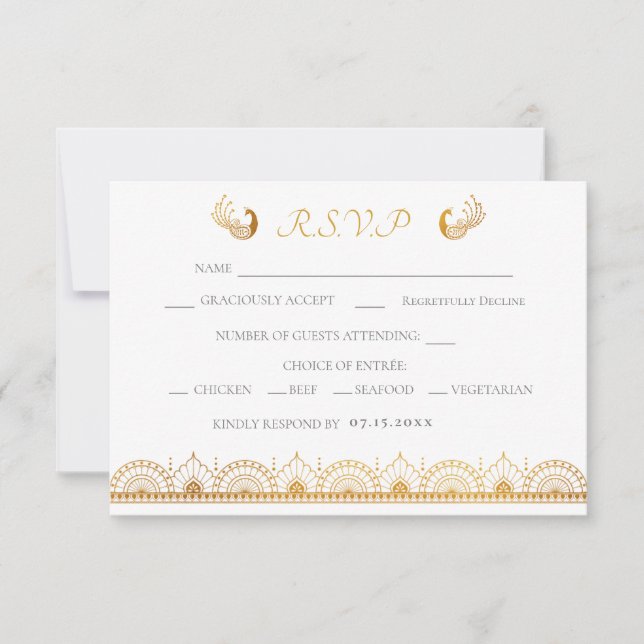 Tarjeta RSVP de matrimonio de patrón étnico de oro (Anverso)
