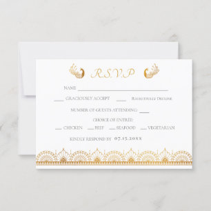 Tarjeta RSVP de matrimonio de patrón étnico de oro