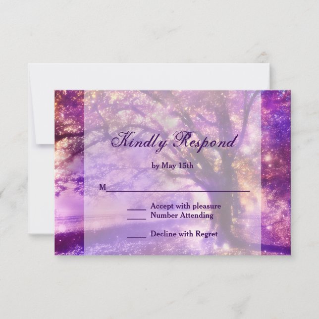 Tarjeta RSVP de matrimonio de roble púrpura rústic (Anverso)