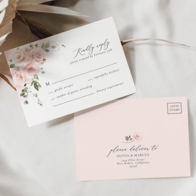 Tarjeta RSVP de matrimonio elegante con flores ros (RSVP Card Front/Back)