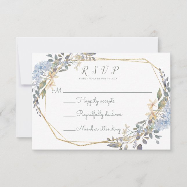 Tarjeta RSVP de matrimonio floral azul con polvo g (Anverso)