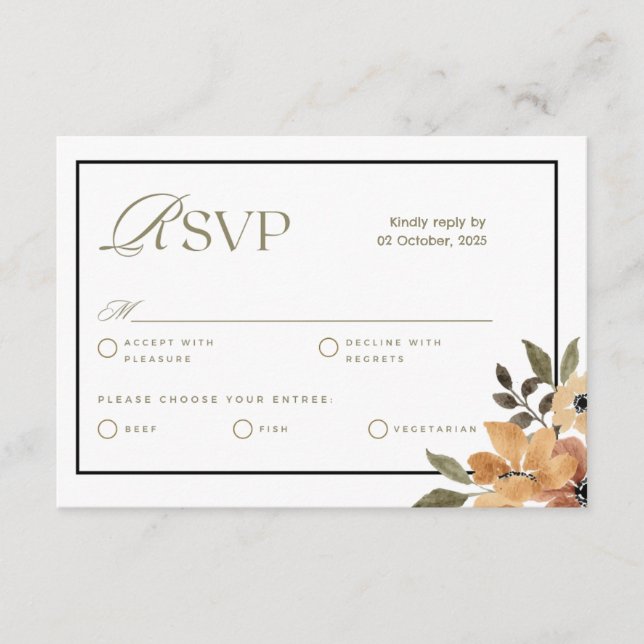Tarjeta RSVP de matrimonio floral beige marrón rús (Anverso)