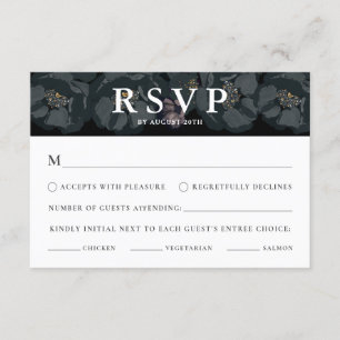 Tarjeta RSVP de matrimonio floral blanco y negro