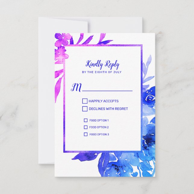 Tarjeta RSVP de matrimonio floral color azul púrpu (Anverso)