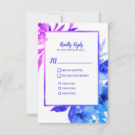 Tarjeta RSVP de matrimonio floral color azul púrpu