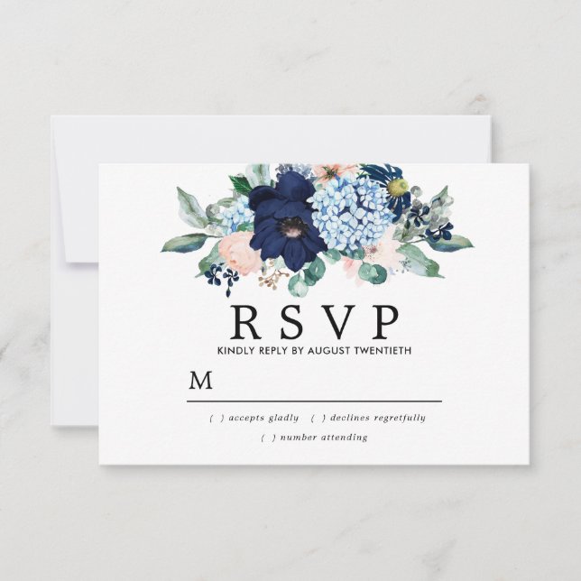 Tarjeta RSVP de matrimonio floral rosa azul rustic (Anverso)