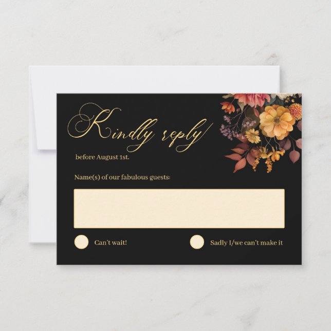 Tarjeta RSVP de matrimonio negro floral rústico ot (Anverso)