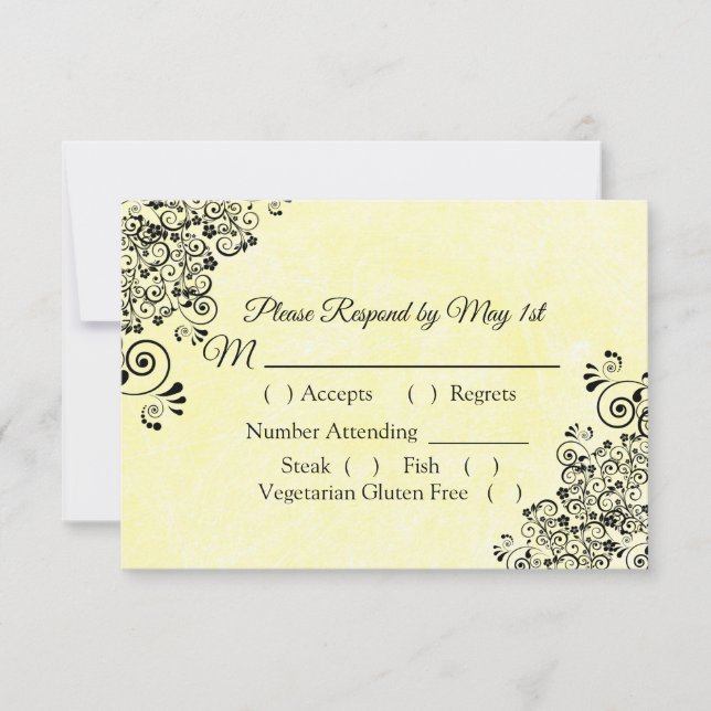 Tarjeta RSVP de matrimonio negro y amarillo (Anverso)
