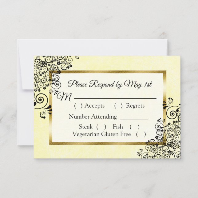 Tarjeta RSVP de matrimonio negro y amarillo (Anverso)