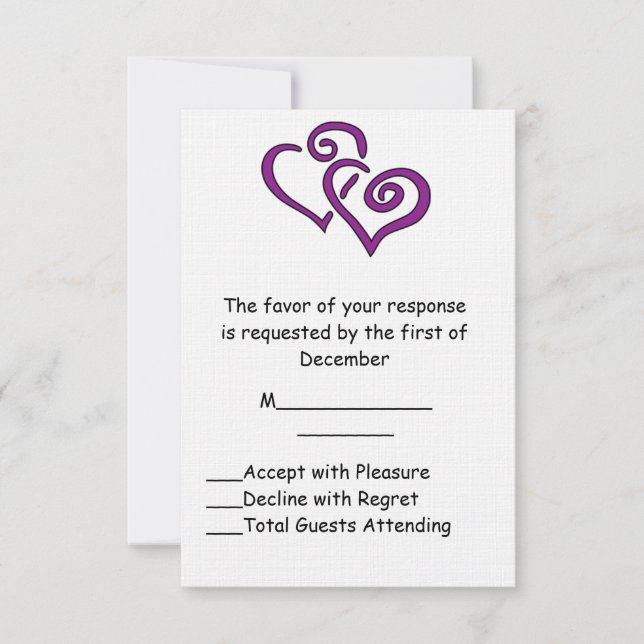 Tarjeta RSVP de matrimonio púrpura de doble corazó (Anverso)