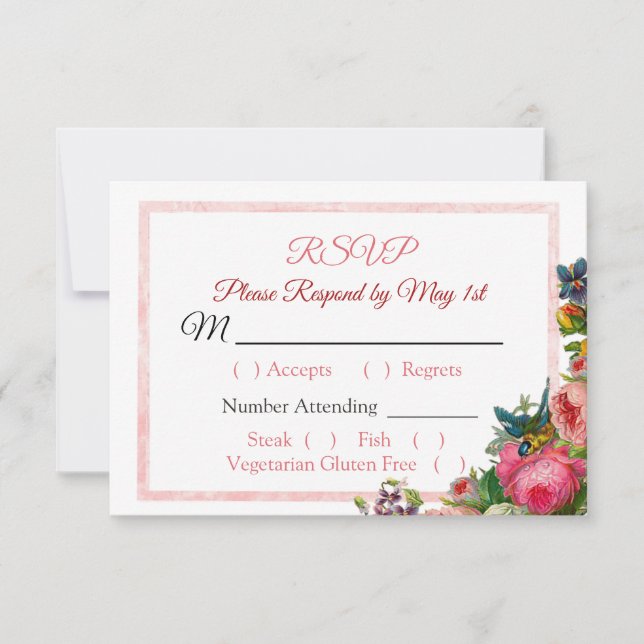 Tarjeta RSVP de matrimonio rayado floral de PInk R (Anverso)