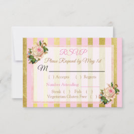 Tarjeta RSVP de matrimonio rayado floral rosa y do