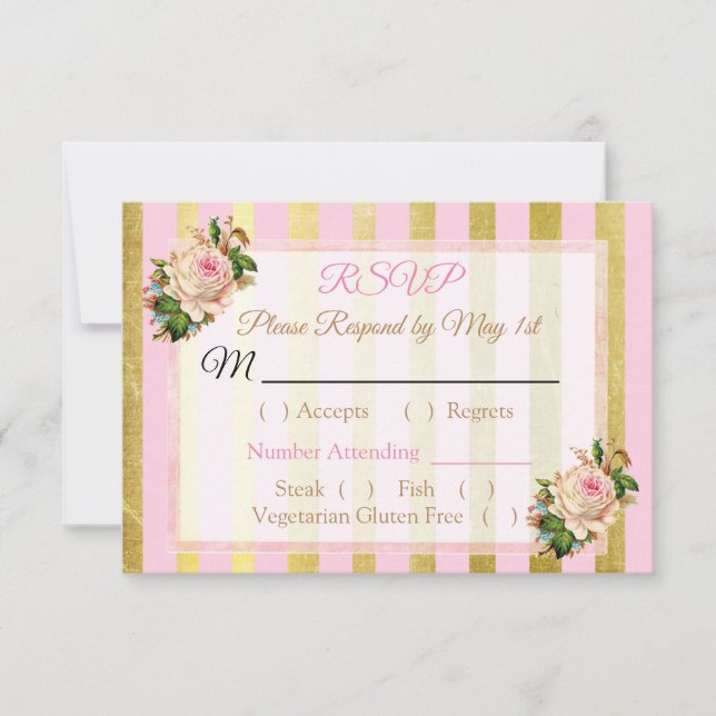 Tarjeta RSVP de matrimonio rayado floral rosa y do (Anverso)