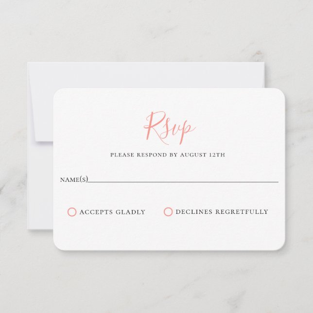 Tarjeta RSVP de matrimonio rosa de coral minimalis (Anverso)