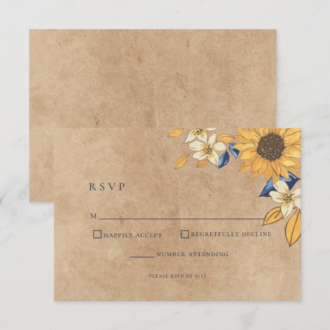 Tarjeta RSVP de matrimonio Rústico de girasol azul (Anverso / Reverso)