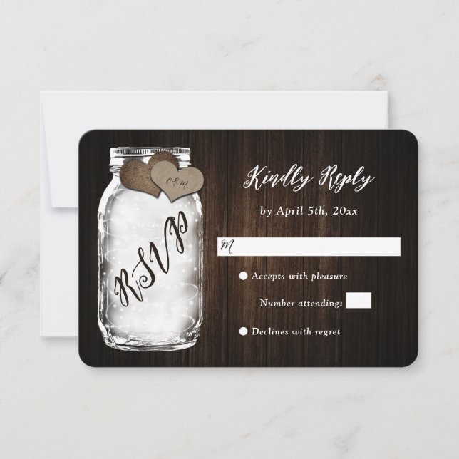 Tarjeta RSVP de matrimonio rustico Mason Jar Wood  (Anverso)