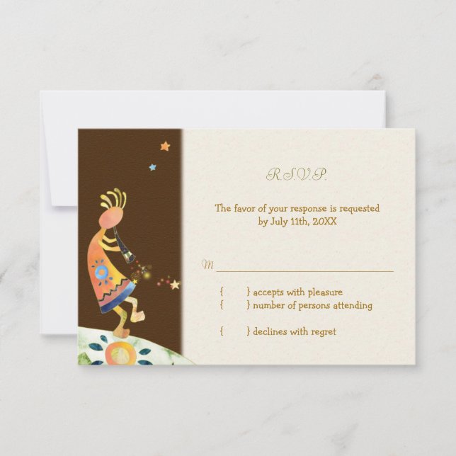 Tarjeta RSVP de matrimonio tribal Kokopelli de Rus (Anverso)