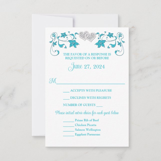 Tarjeta RSVP de matrimonio turquesa, plata de amor (Anverso)