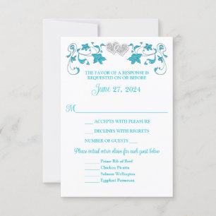 Tarjeta RSVP de matrimonio turquesa, plata de amor