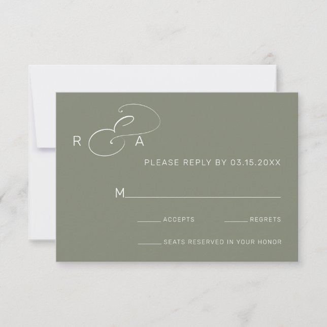 Tarjeta RSVP de matrimonio verde simple monograma (Anverso)