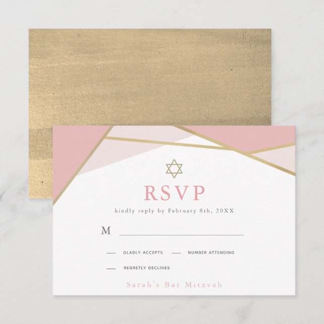 Tarjeta RSVP de Mitzvah con gota de oro y rosado g (Anverso / Reverso)