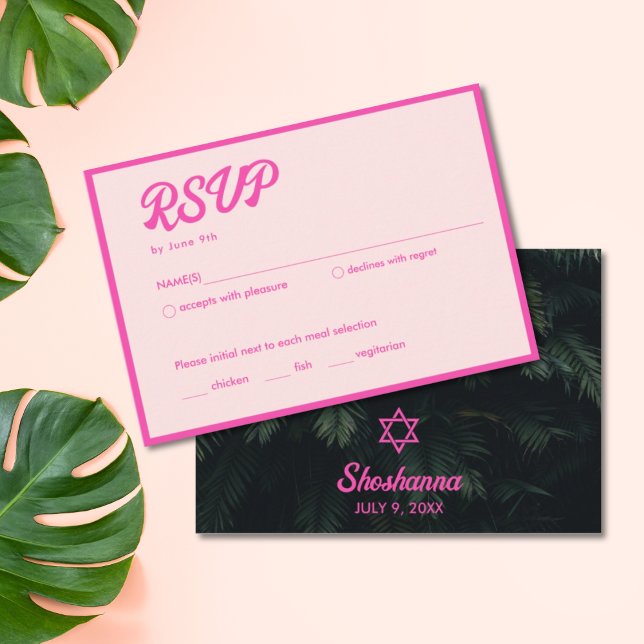 Tarjeta RSVP de Mitzvah de Bat Pink Neon Tropical (Tropical Neon Pink Bat Mitzvah RSVP Card
)