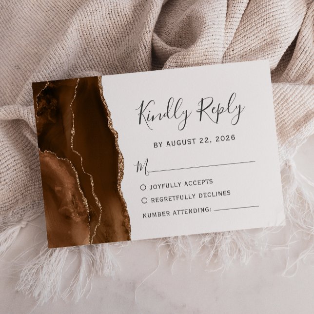 Tarjeta RSVP de Mocha Brown Gold Agate Wedding (Subido por el creador)