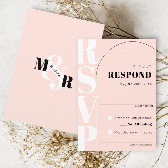 Tarjeta RSVP de moderna boda de arco y Ampersa ros (Classy arch matching pink modern wedding invitation RSVP card, ampersand monogram black and white)